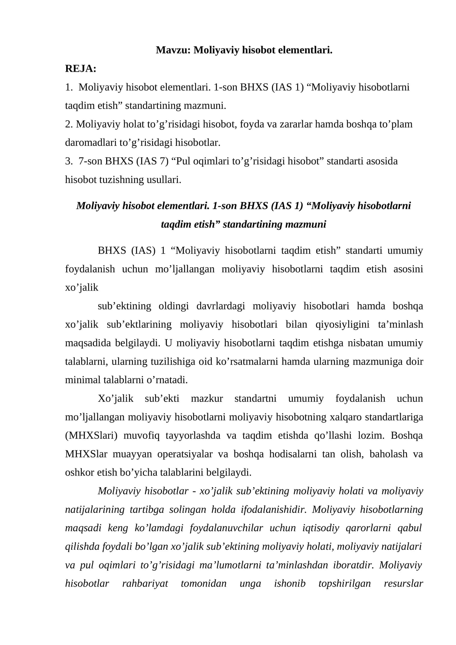 Moliyaviy hisobot elementlari 1
