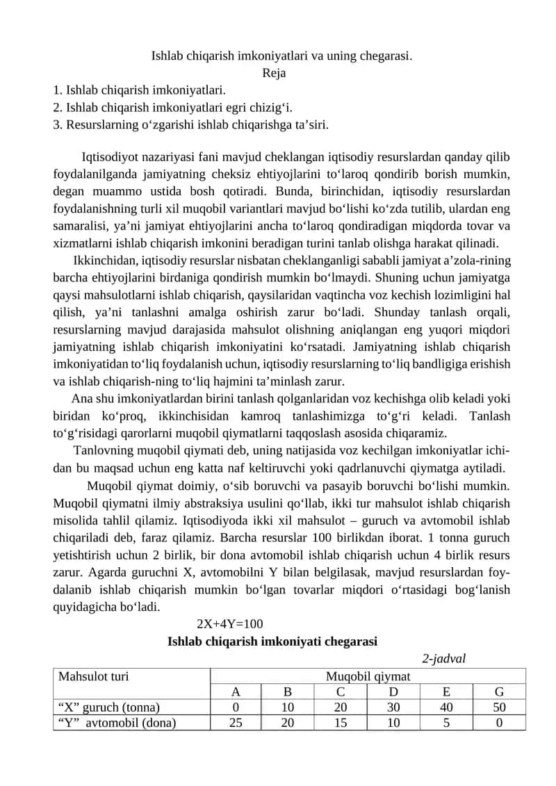 Ishlab chiqarish imkoniyatlari va uning chegarasi.