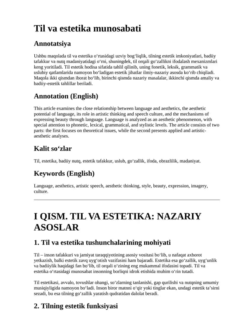 Til va estetika munosabati bo'yicha ilmiy maqola 1