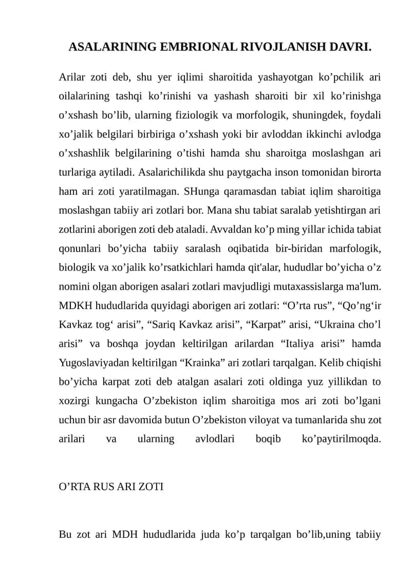 Asalarining embrional rivojlanish davri 1