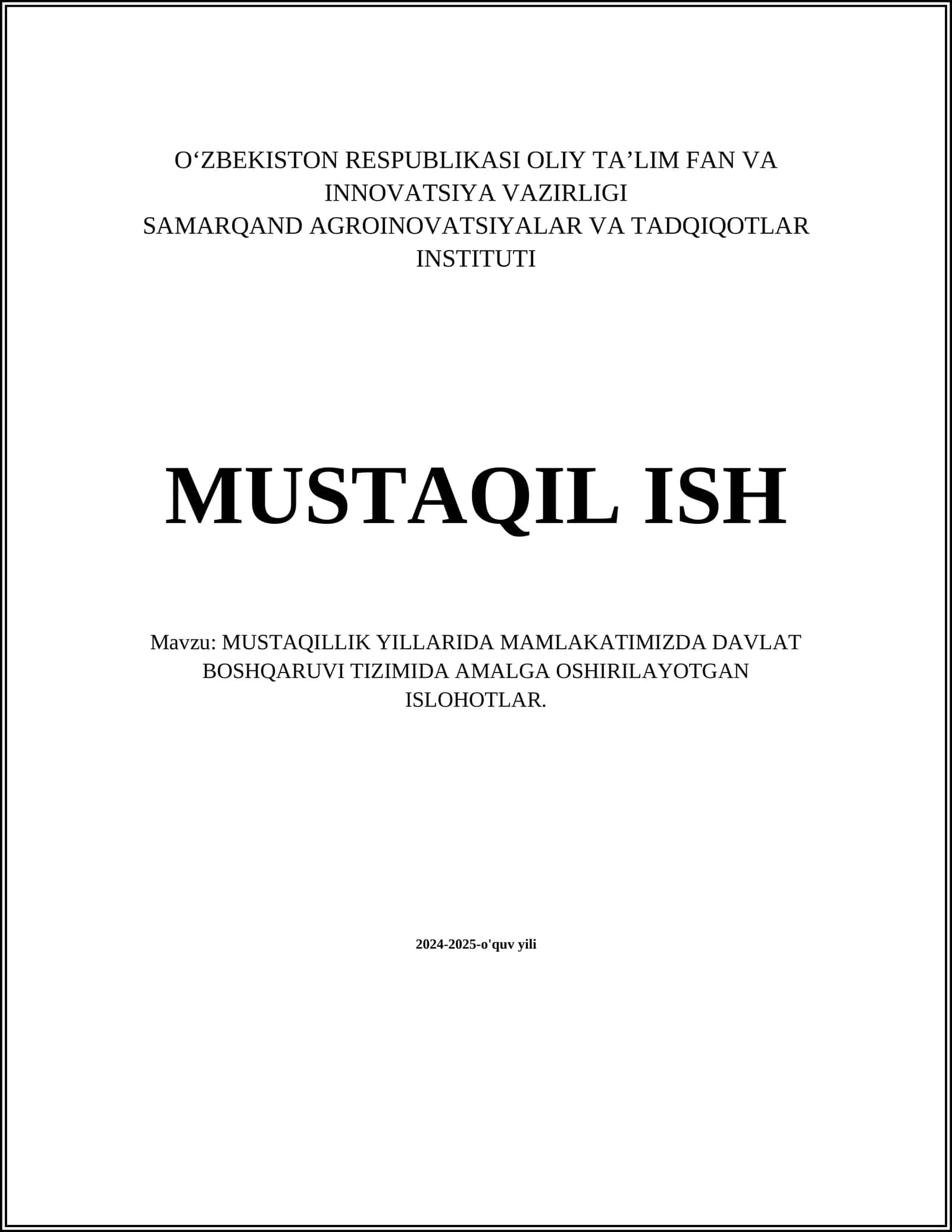 MUSTAQILLIK YILLARIDA MAMLAKATIMIZDA DAVLAT BOSHQARUVI TIZIMIDA AMALGA OSHIRILAYOTGAN ISLOHOTLAR 1