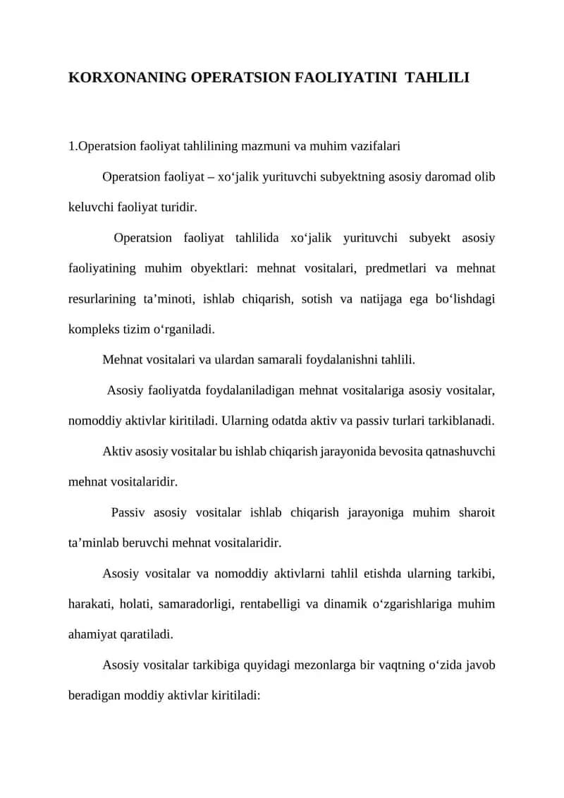 Korxonaning operatsion faoliyatini tahlili 1