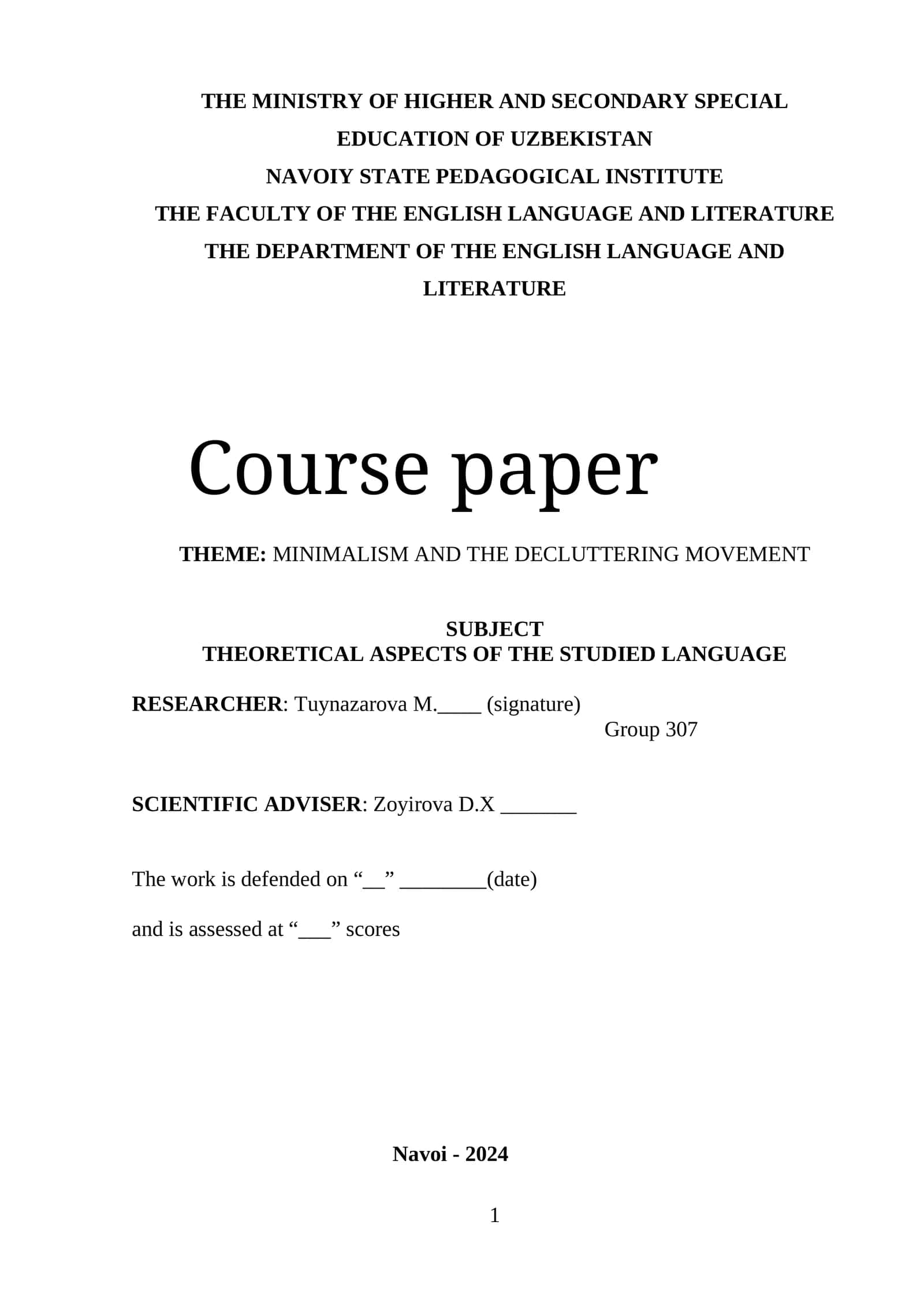 Course paper on Minimalism and the Decluttering Movement 1