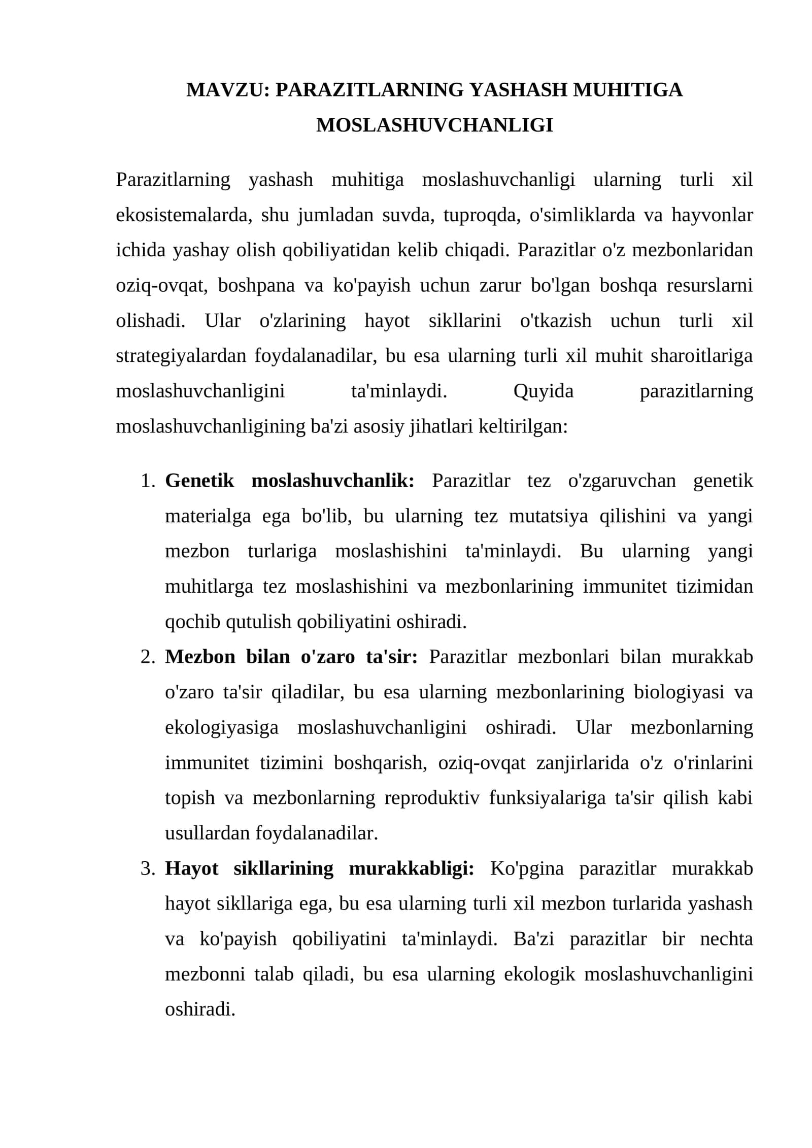 PARAZITLARNING YASHASH MUHITIGA MOSLASHUVCHANLIGI 1