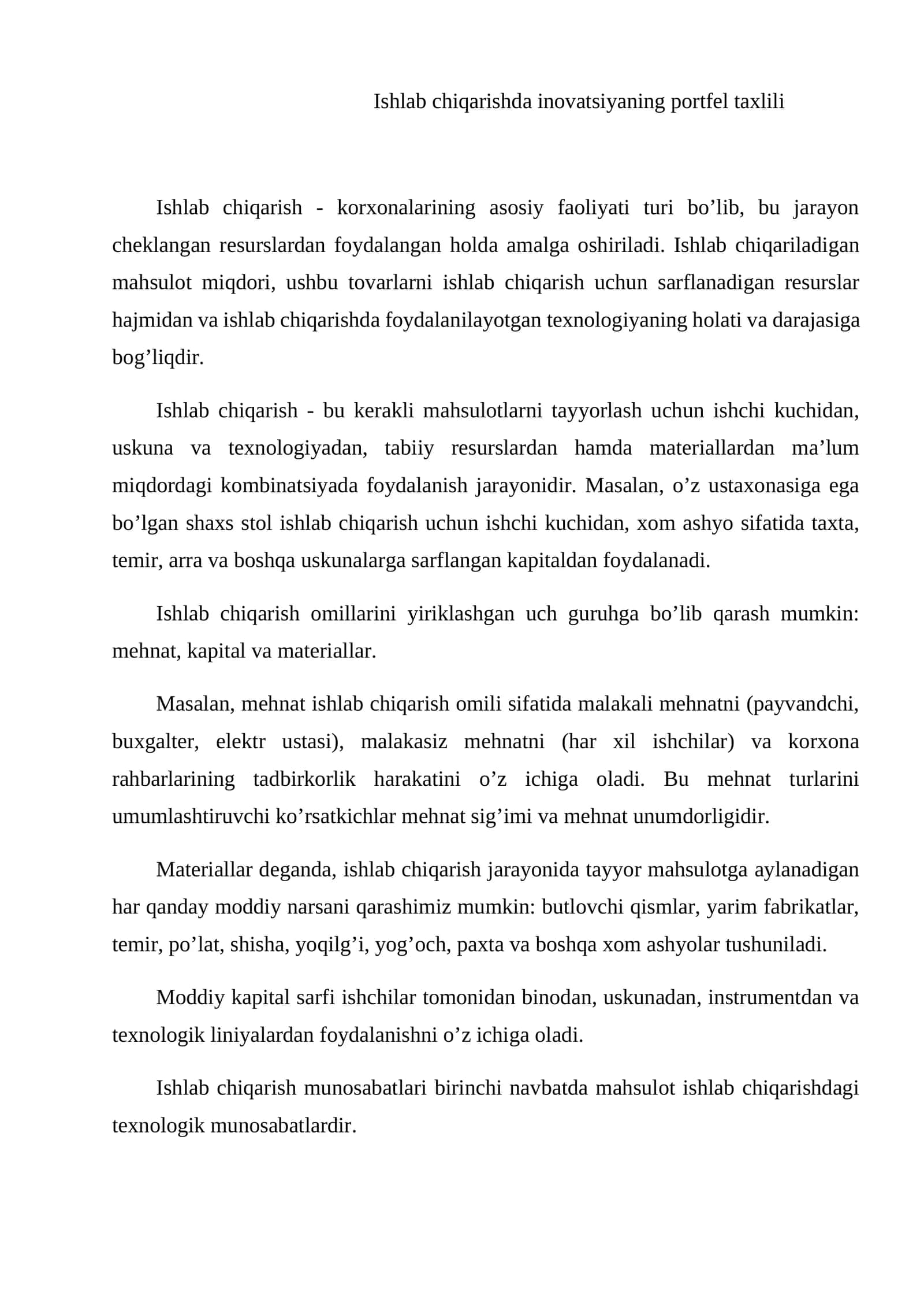 Ishlab chiqarishda innovatsiyaning portfel tahlili 1