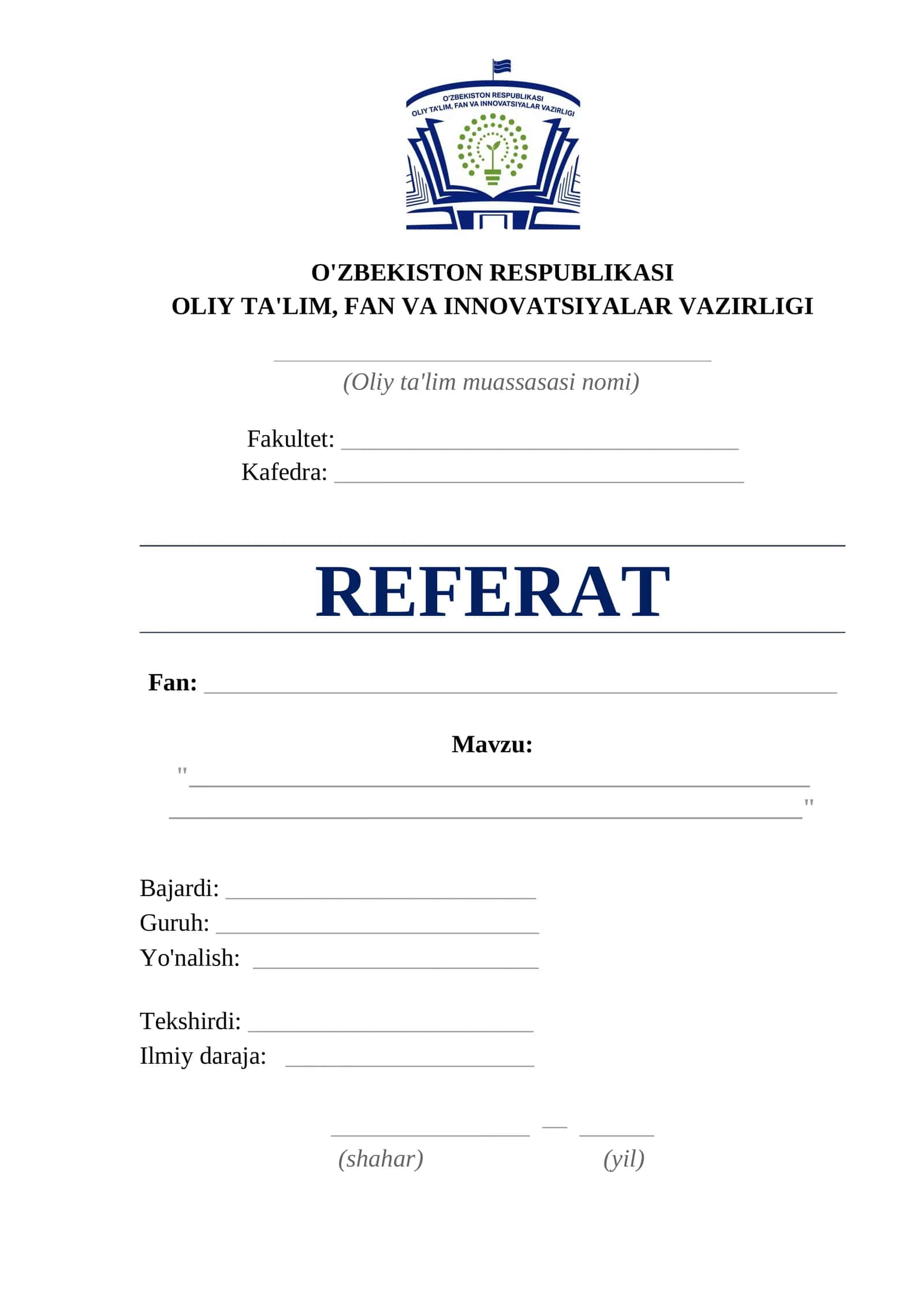Referat yuzi. Oliy ta'lim uchun 1