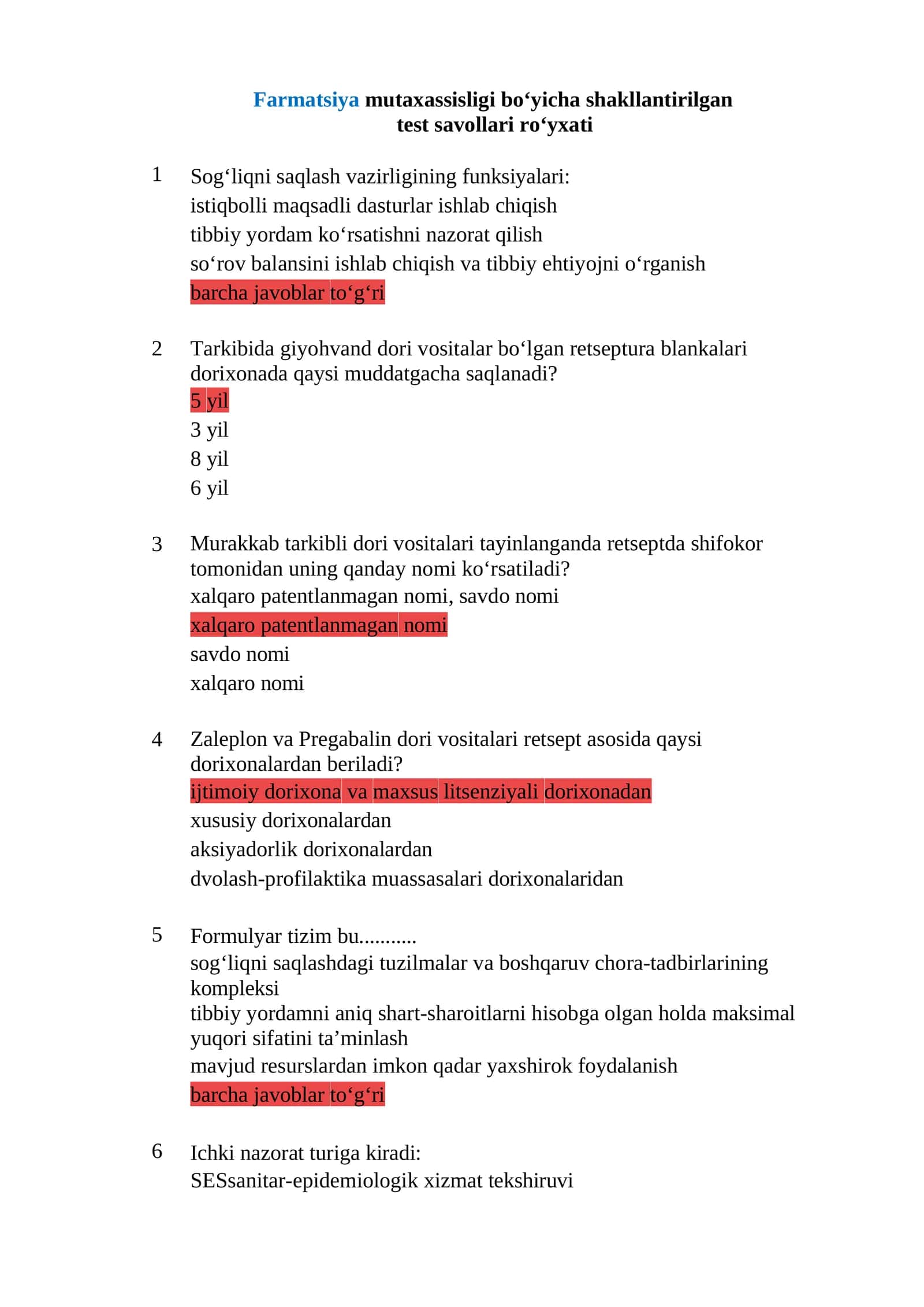 Farmatsiya mutaxassisligi boʻyicha shakllantirilgan test savollari roʻyxati 1