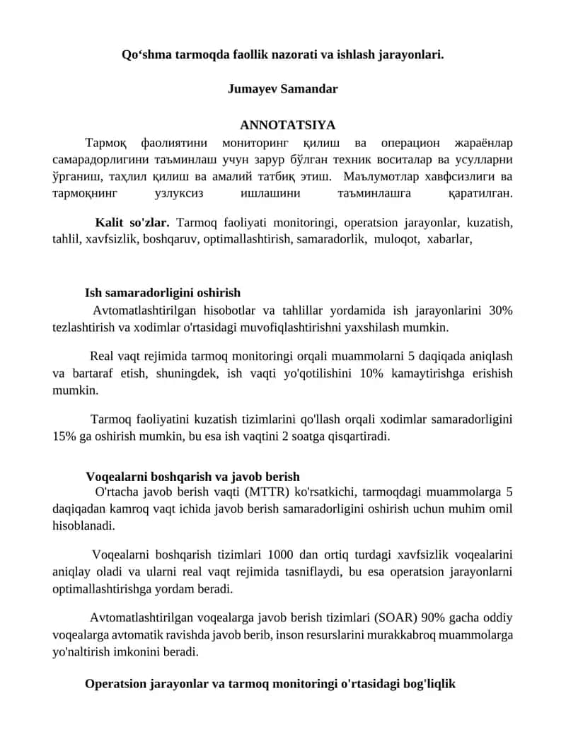 Qo‘shma tarmoqda faollik nazorati va ishlash jarayonlari 1