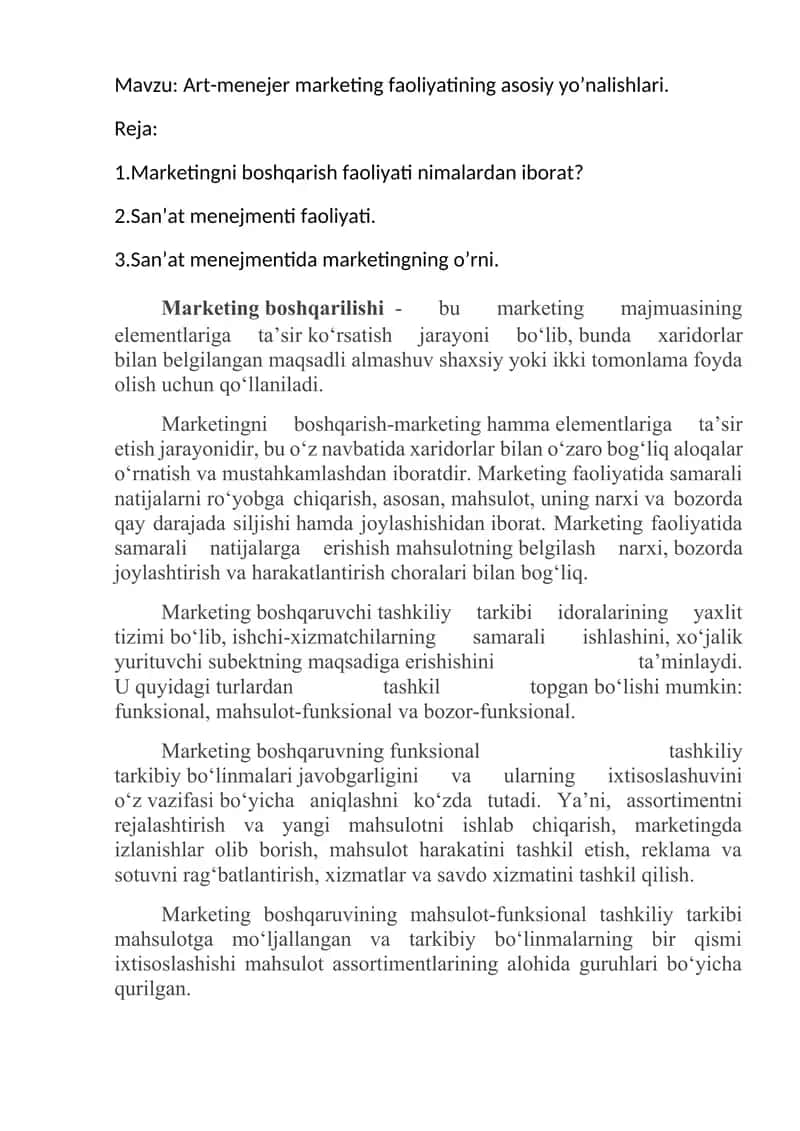 Art-menejer marketing faoliyatining asosiy yo’nalishlari. 1