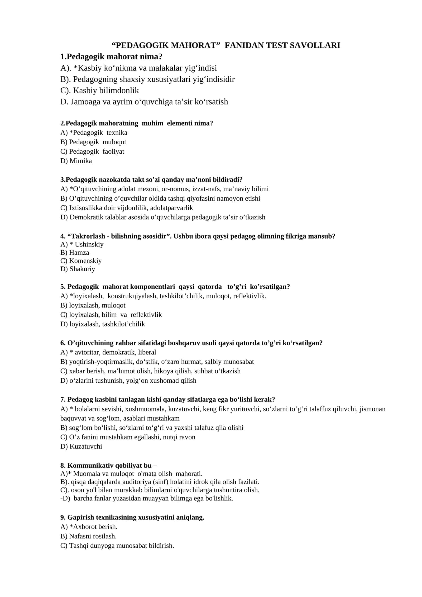PEDAGOGIK MAHORAT FANIDAN TEST SAVOLLARI 1