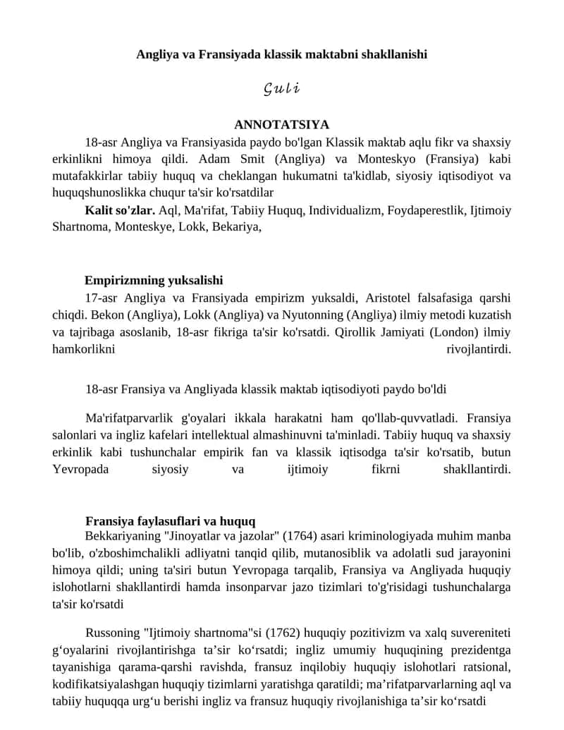 Angliya va Fransiyada klassik maktabni shakllanishi 1