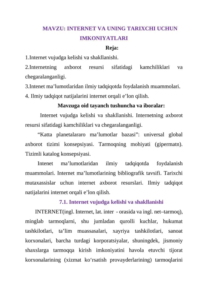 INTERNET VA UNING TARIXCHI UCHUN IMKONIYATLARI 1