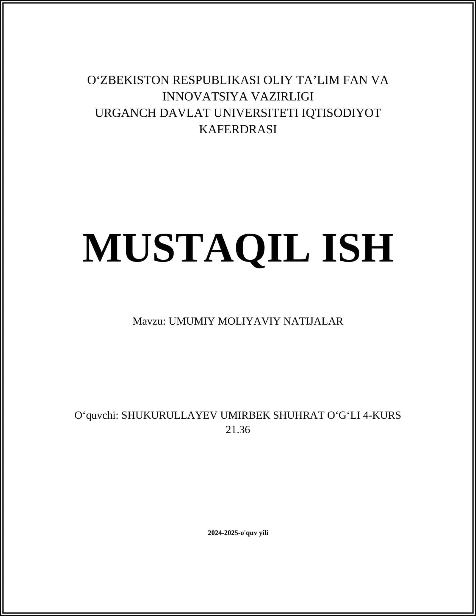 UMUMIY MOLIYAVIY NATIJALAR 1