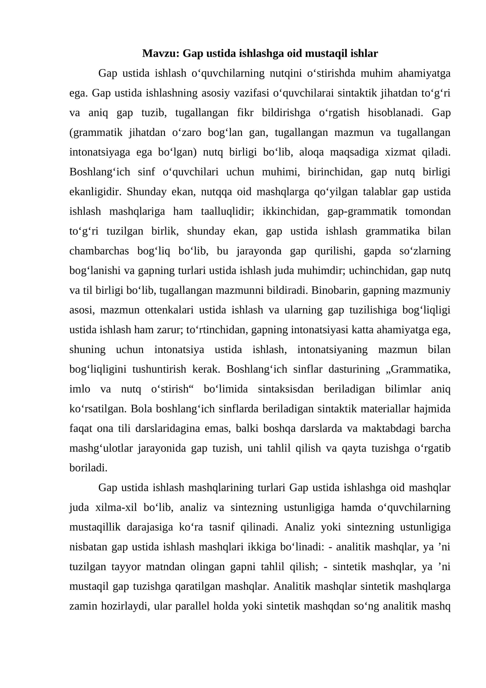 Gap ustida ishlashga oid mustaqil ishlar 1