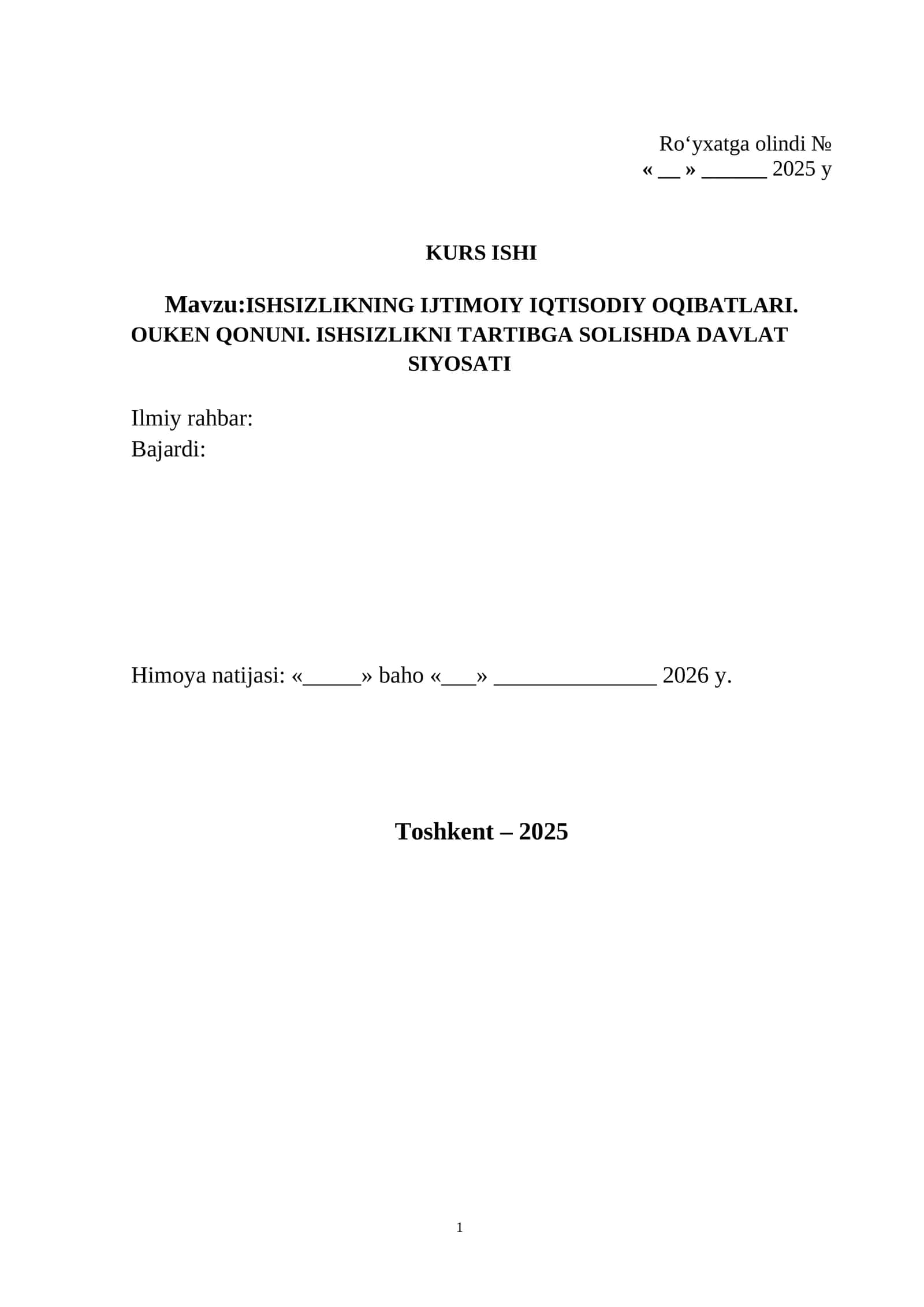ISHSIZLIK BOYICHA KURS ISHI HAMDA REFERAT UCHUN 1