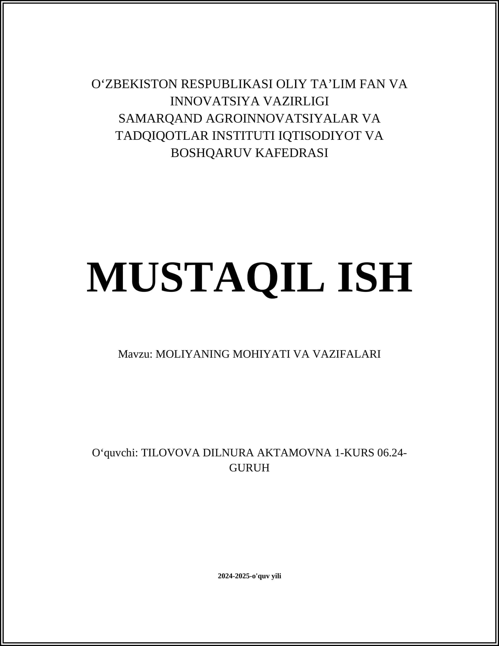 Moliyaning mohiyati va vazifalari 1