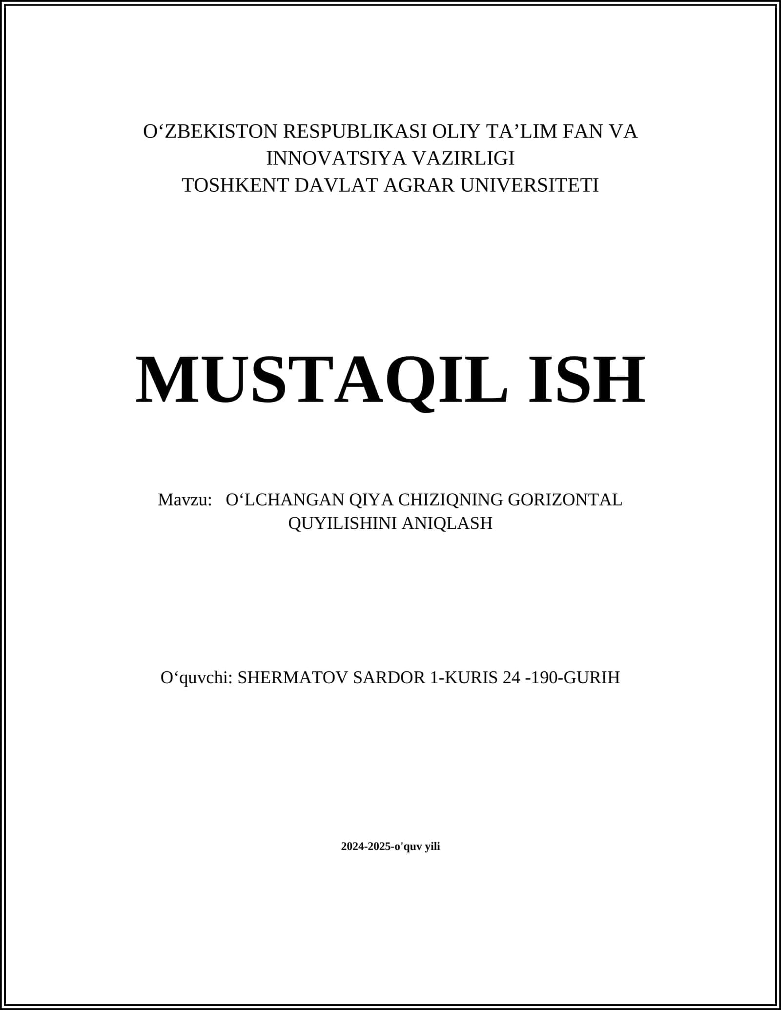 O‘lchangan Qiya Chiziqning Gorizontal Quyilishini Aniqlash 1