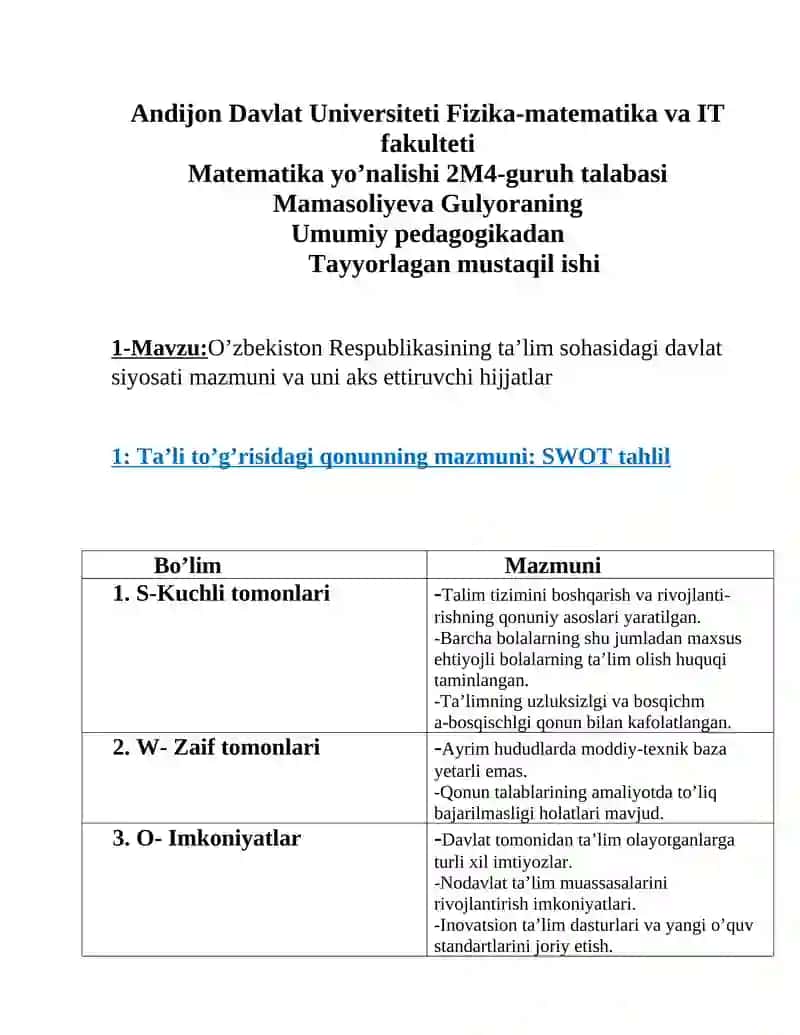 O’zbekiston Respublikasining ta’lim sohasidagi davlat siyosati