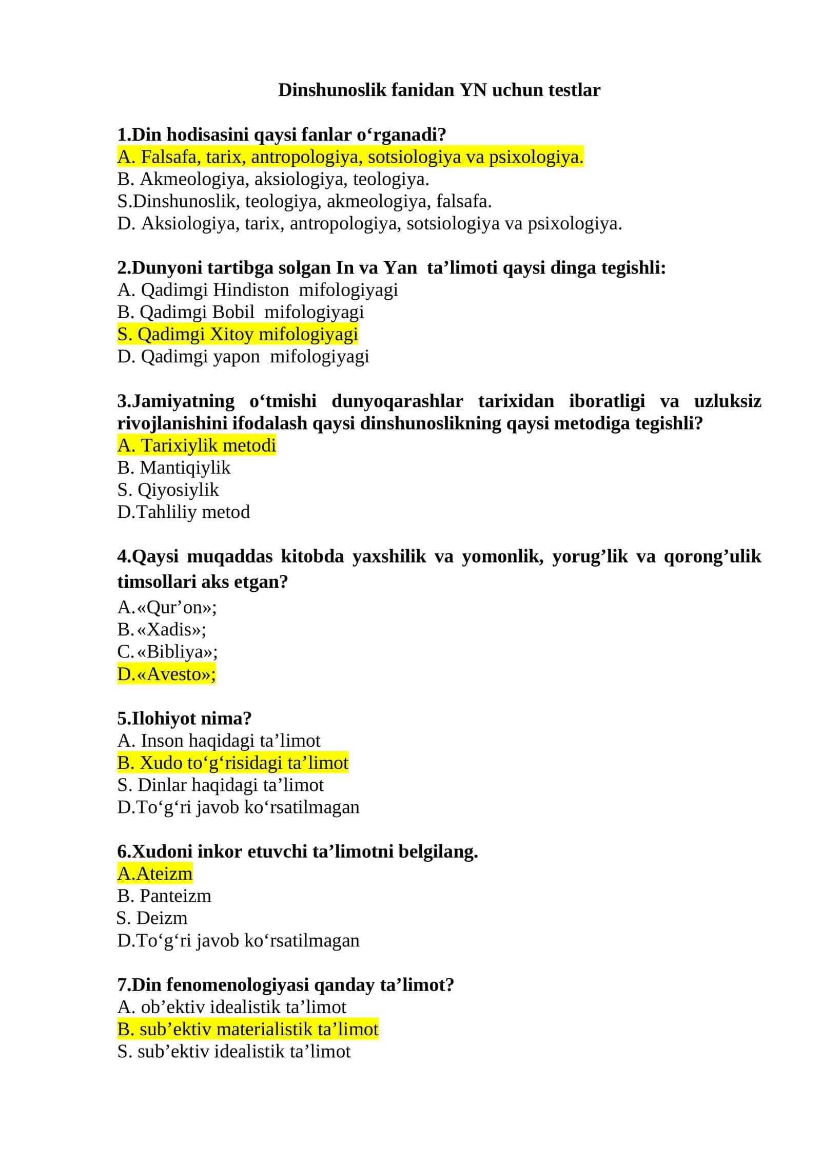 Dinshunoslik fanidan YN uchun testlar 1