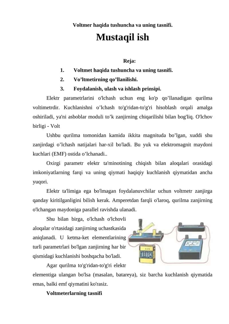 Voltmetr haqida tushuncha va uning tasnifi 1