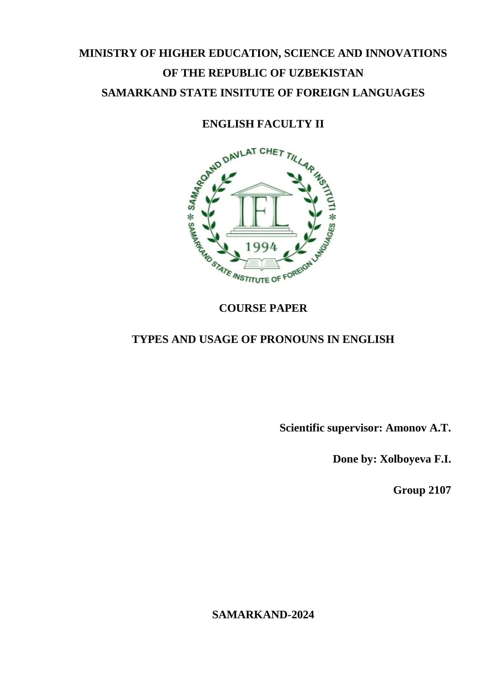 COURSE PAPER: TYPES AND USAGE OF PRONOUNS IN ENGLISH 1