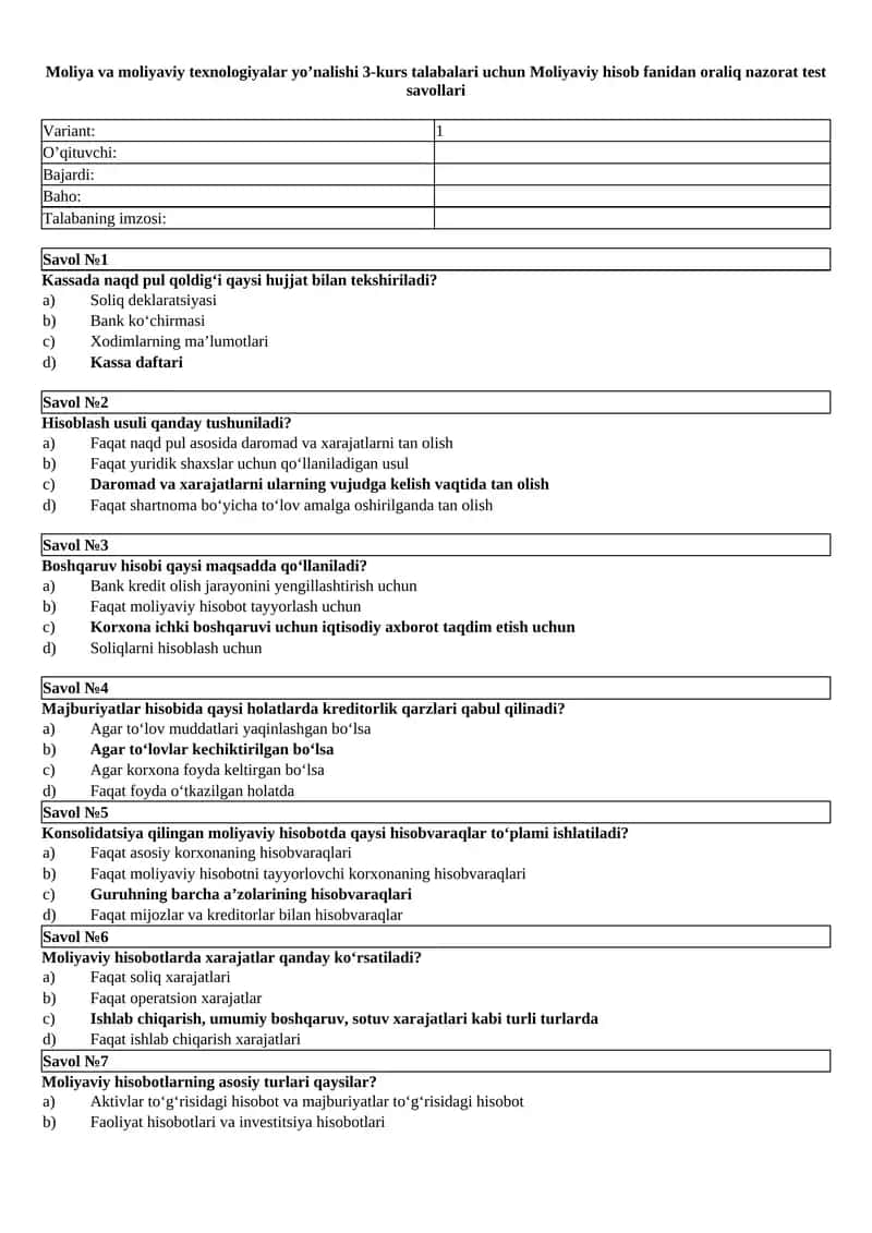 Moliyaviy hisob fanidan oraliq nazorat test savollari 1