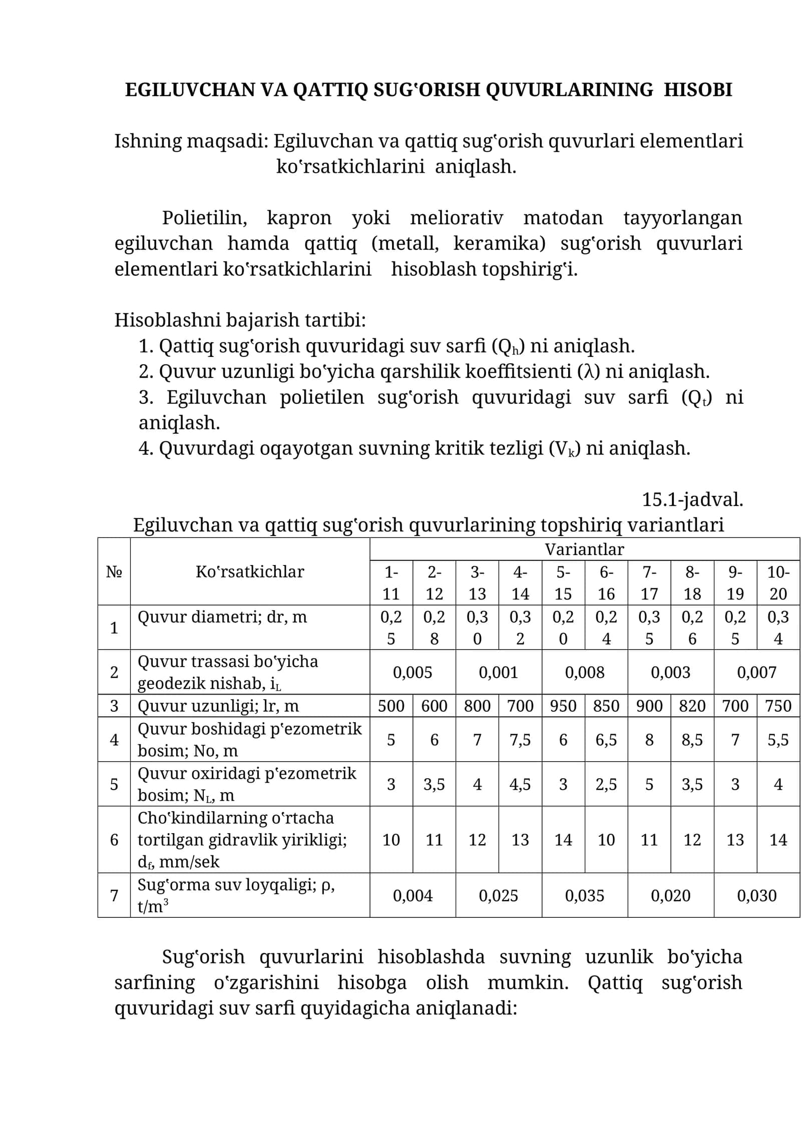 Egiluvchаn VА QАTTIQ SUGʽОRISH QUVURLАRINING HISОBI 1
