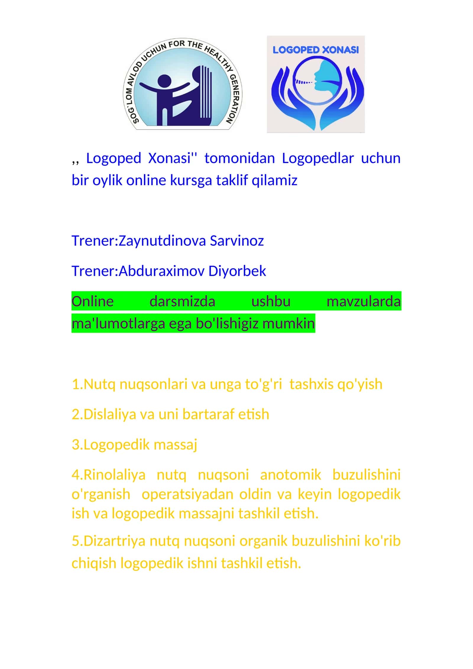 Logoped Xonasi Online Kurs 1