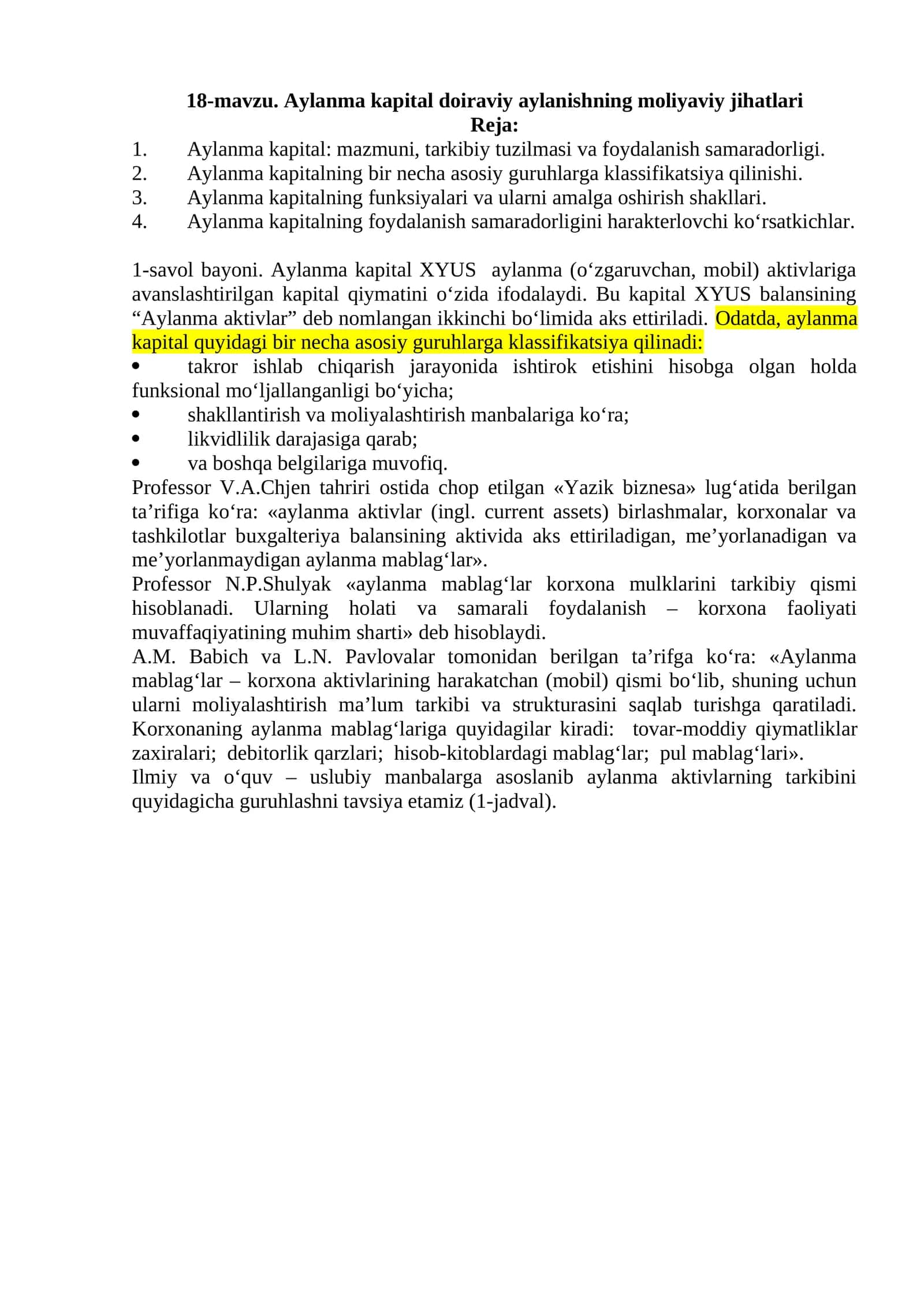 Aylanma kapital doiraviy aylanishning moliyaviy jihatlari 1