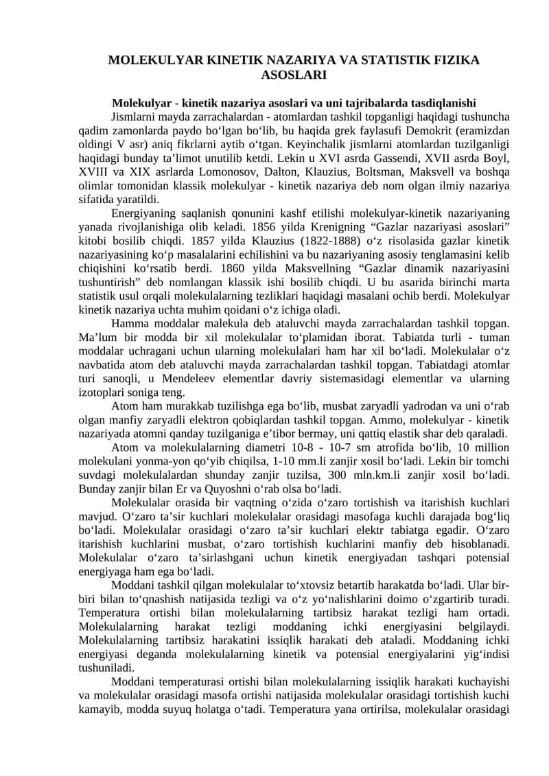 MOLEKULYAR KINETIK NAZARIYA VA STATISTIK FIZIKA ASOSLARI 1