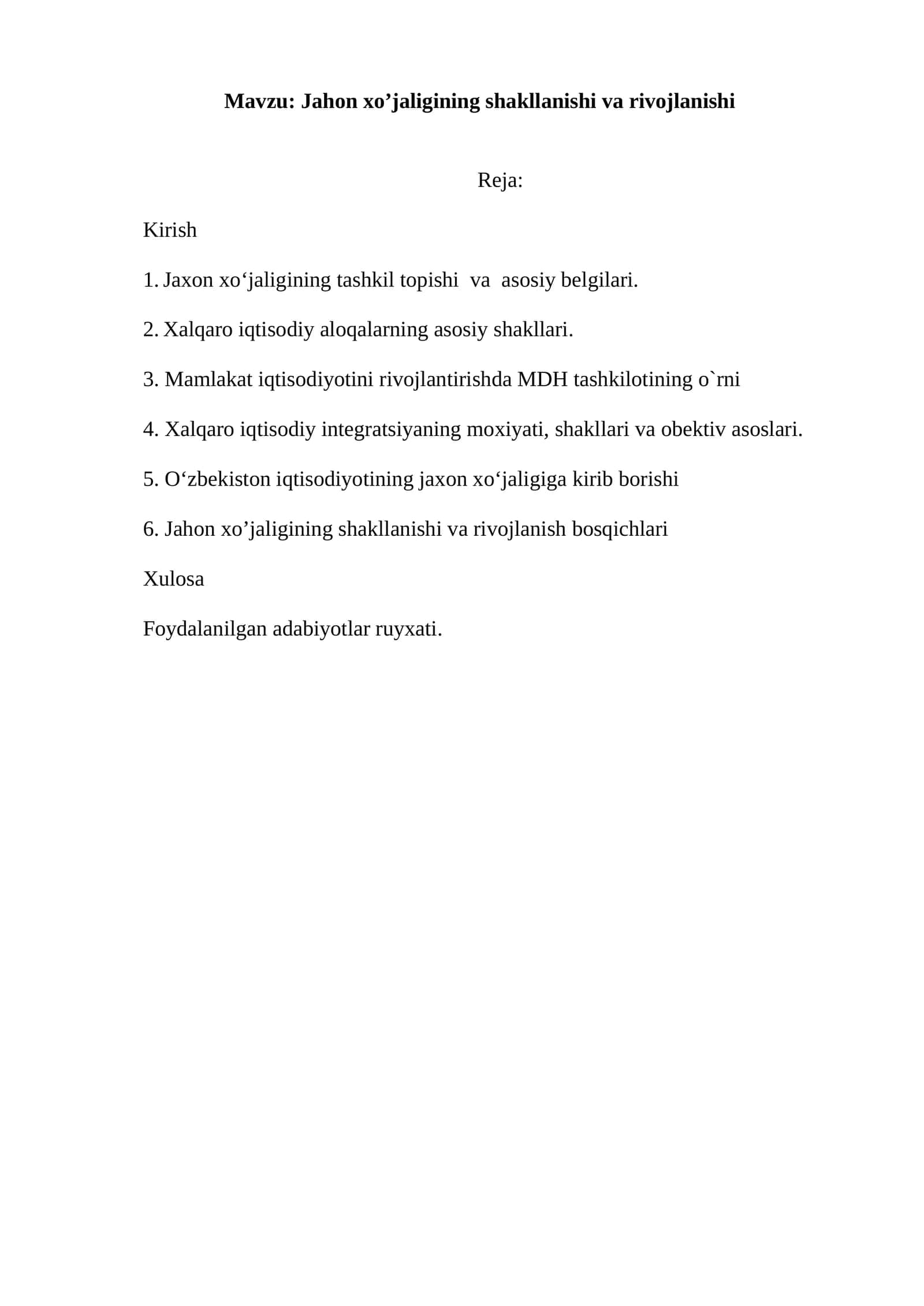 Jahon xo’jaligining shakllanishi va rivojlanishi 1