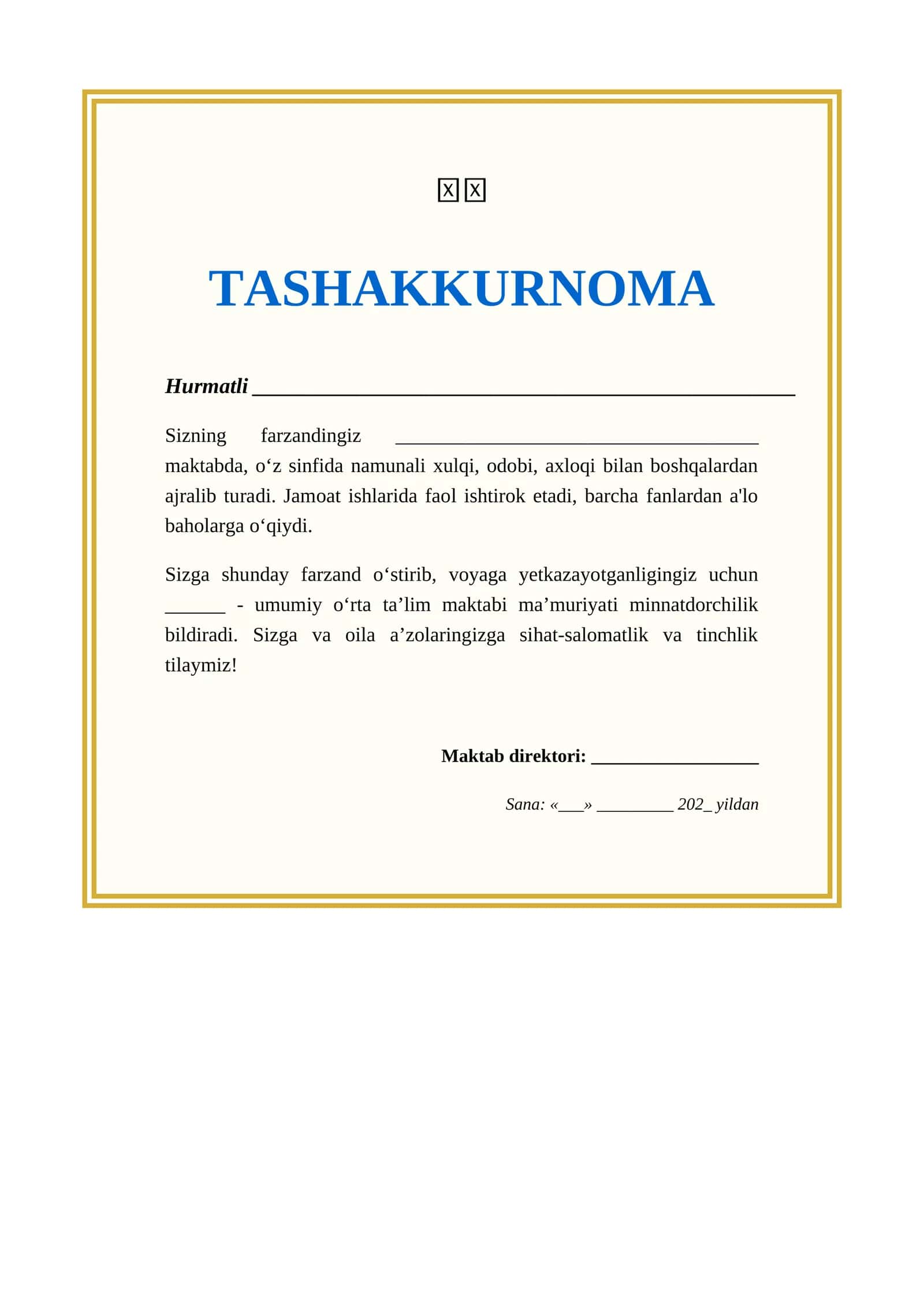 TASHAKKURNOMA ota onalar uchun 1