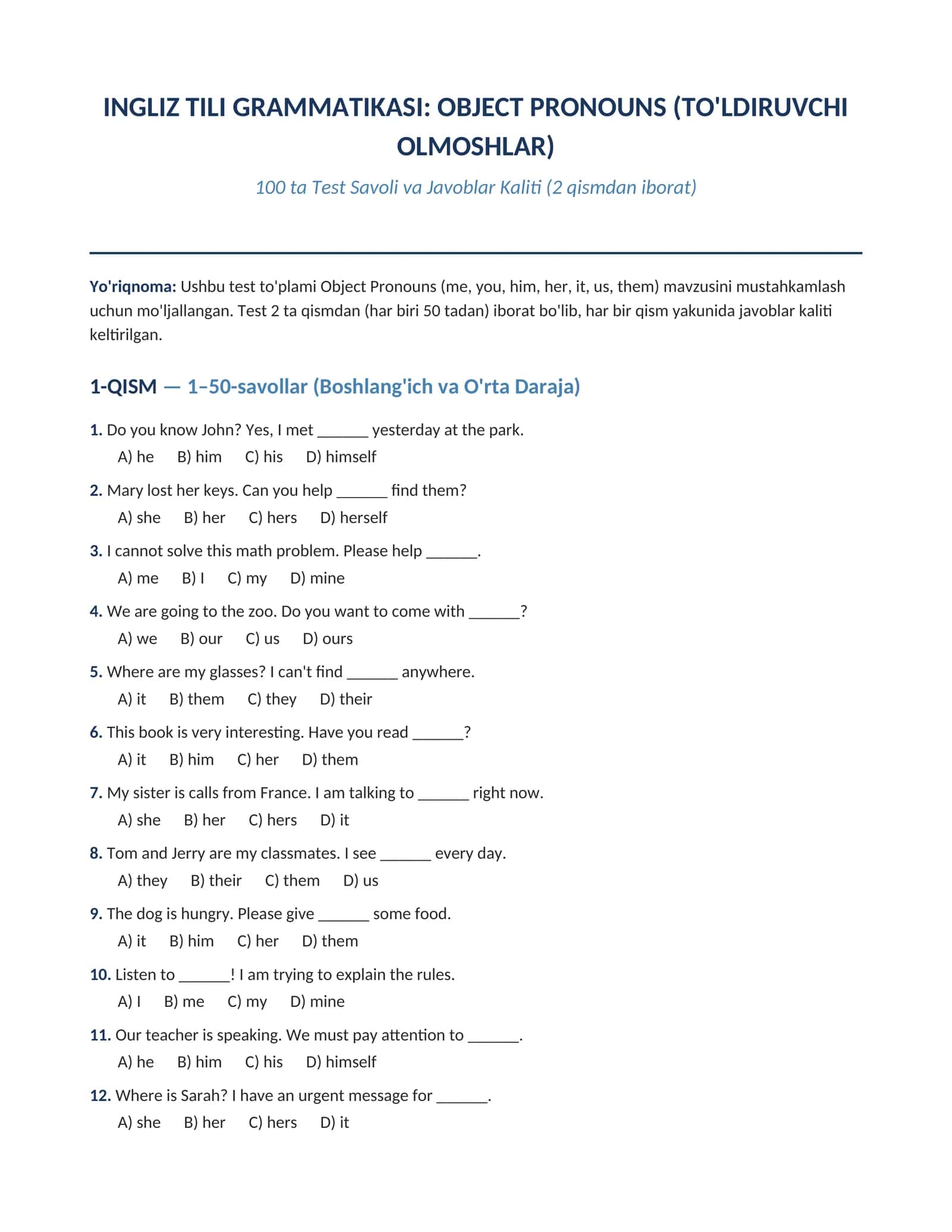 INGLIZ TILI GRAMMATIKASI: OBJECT PRONOUNS (TO'LDIRUVCHI  OLMOSHLAR) 100 talik test oxirida javoblari bilan 1