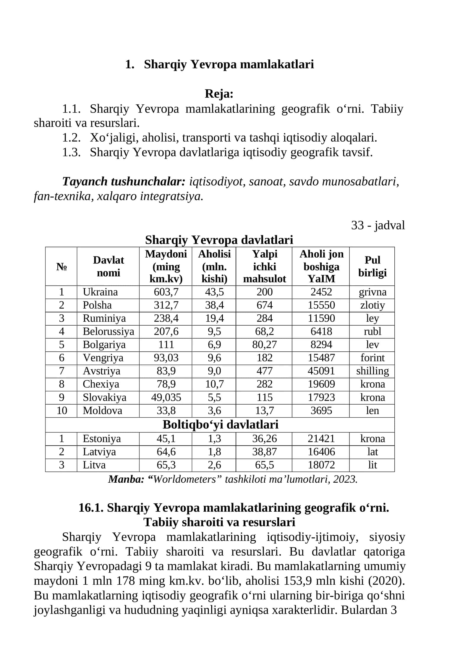 Sharqiy Yevropa mamlakatlari Reja 1