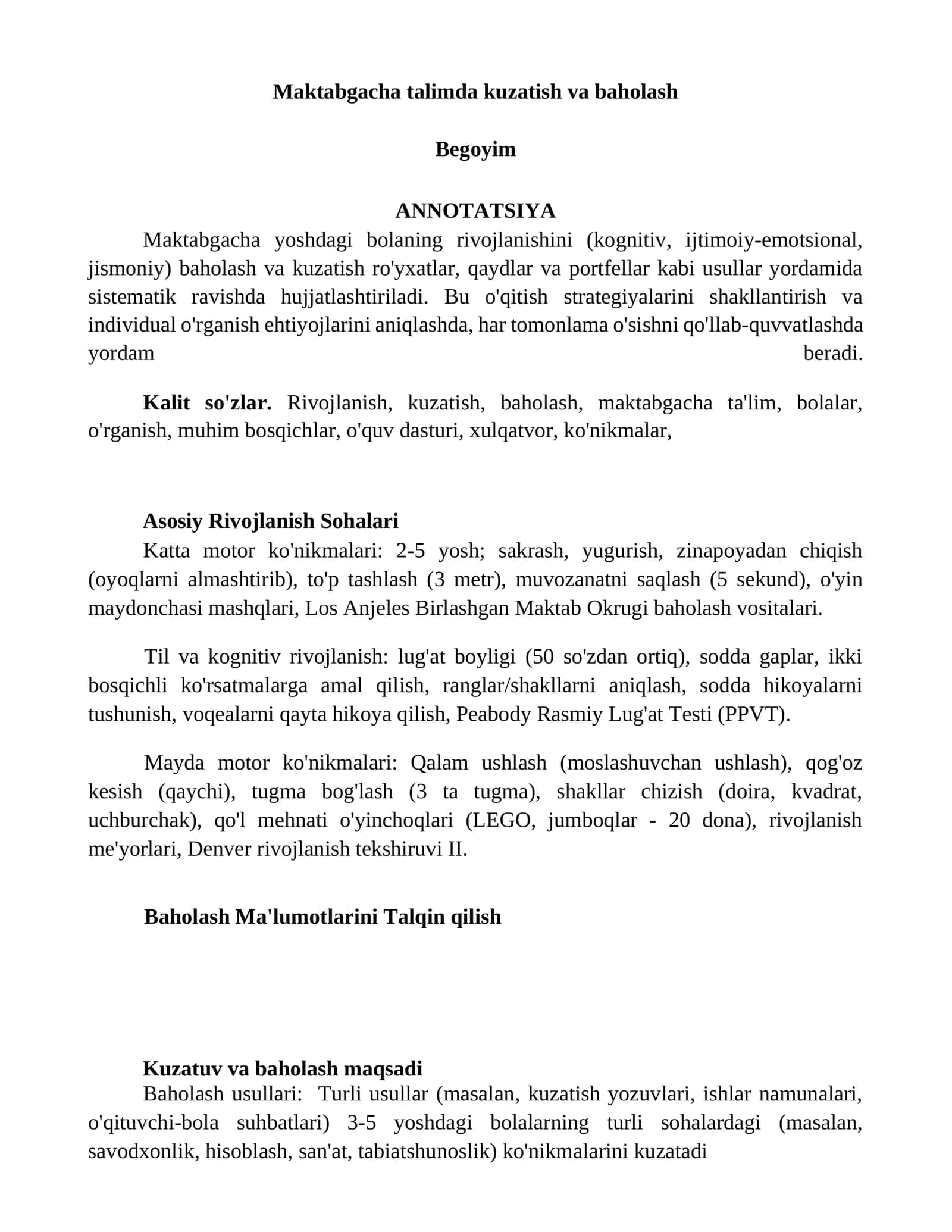 Maktabgacha talimda kuzatish va baholash 1