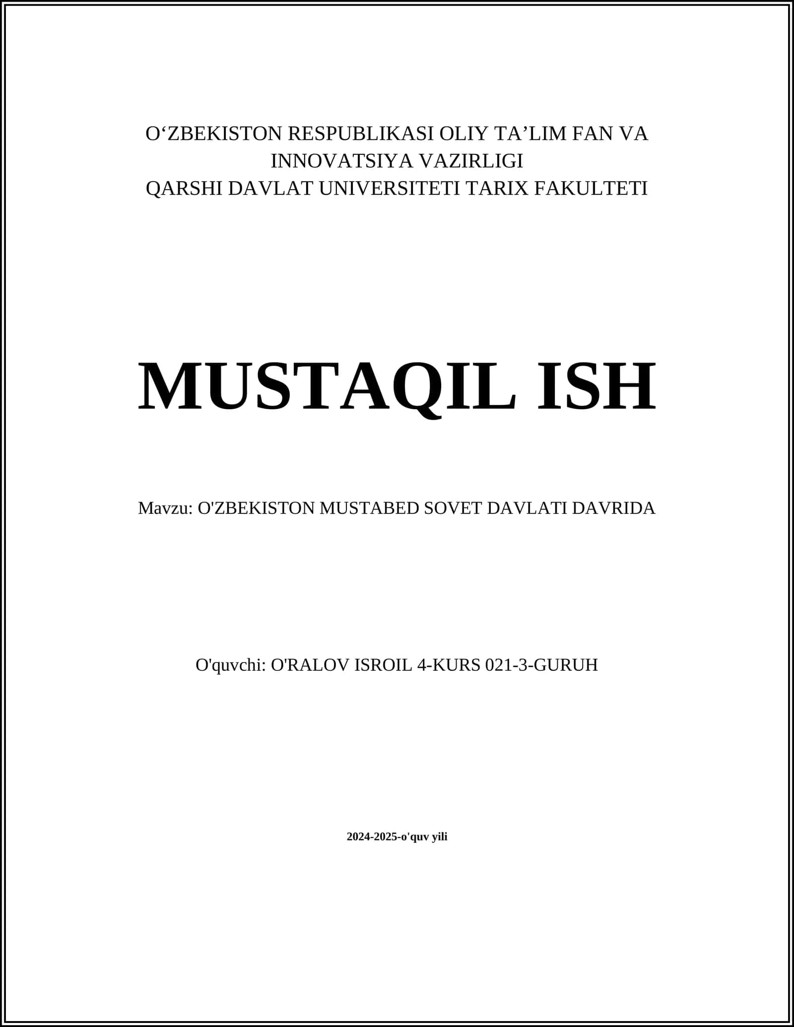 O'ZBEKISTON MUSTABED SOVET DAVLATI DAVRIDA 1