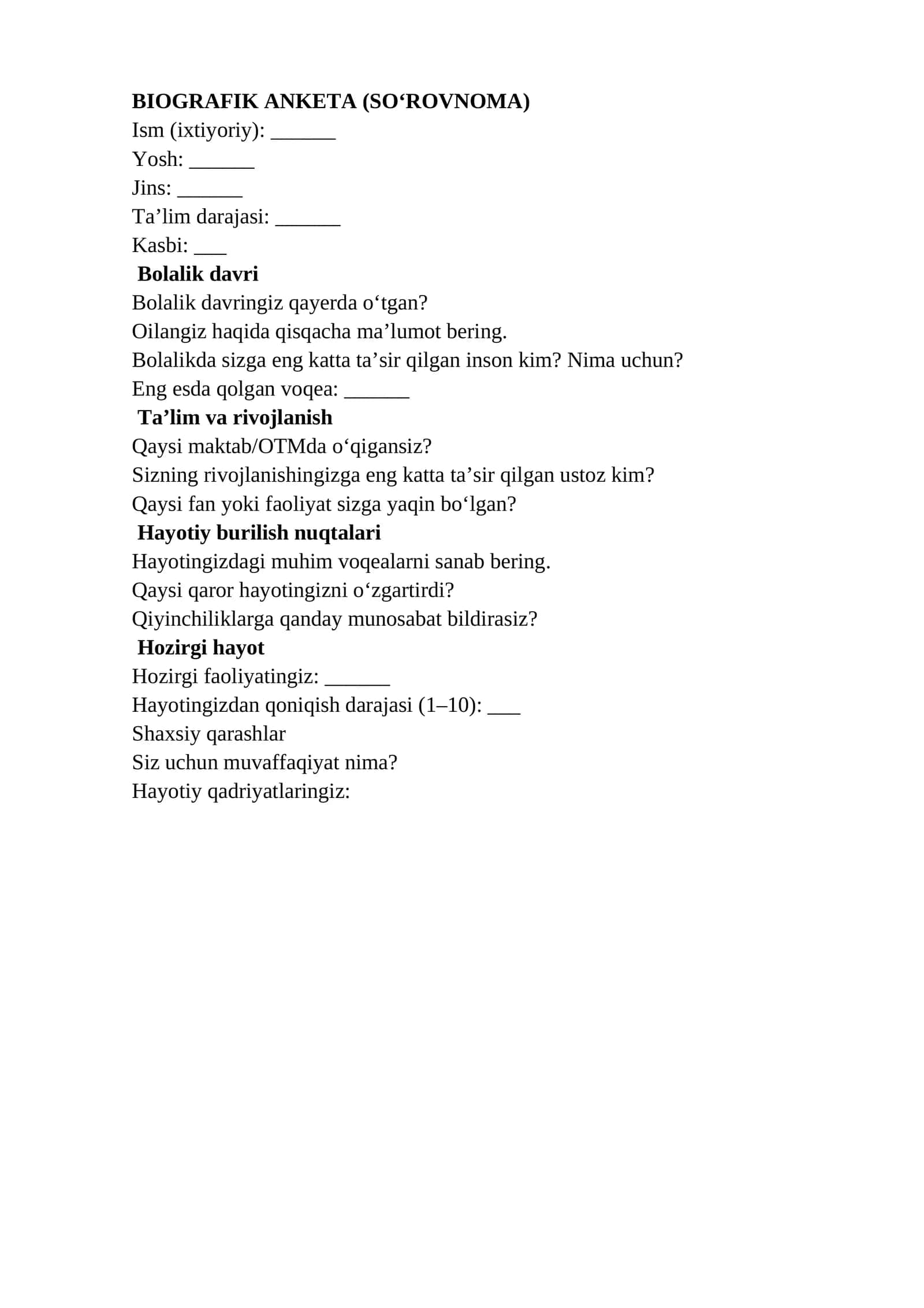 BIOGRAFIK ANKETA (SO‘ROVNOMA) 1