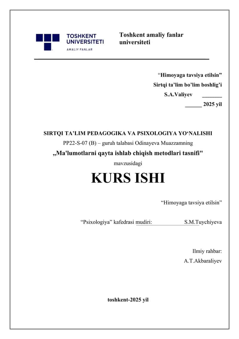Ma'lumotlarni qayta ishlab chiqish metodlari tasnifi 1