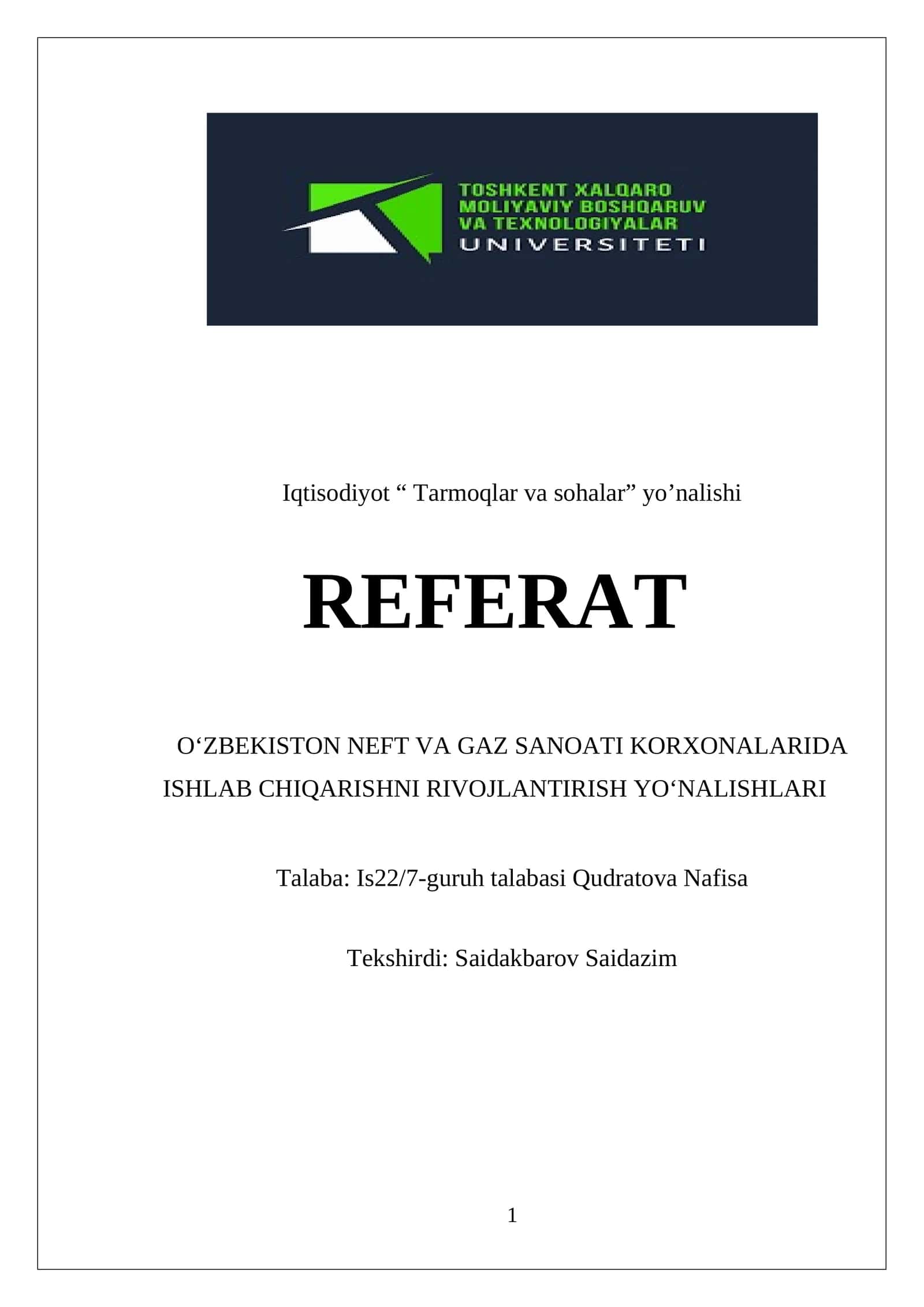 Tarmoqlar va sohalar yo'nalishi 1