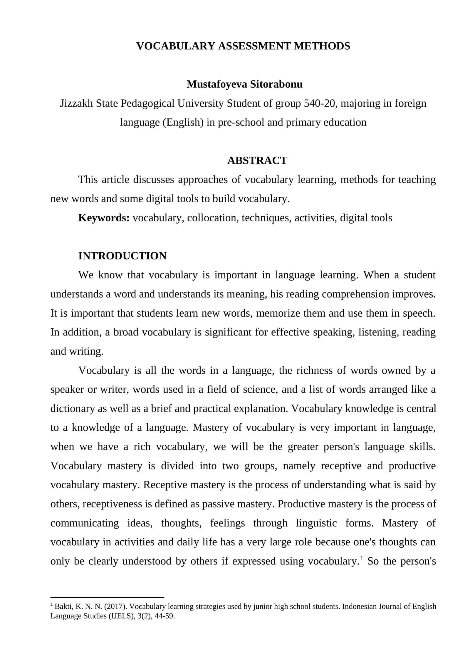 VOCABULARY ASSESSMENT METHODS 1