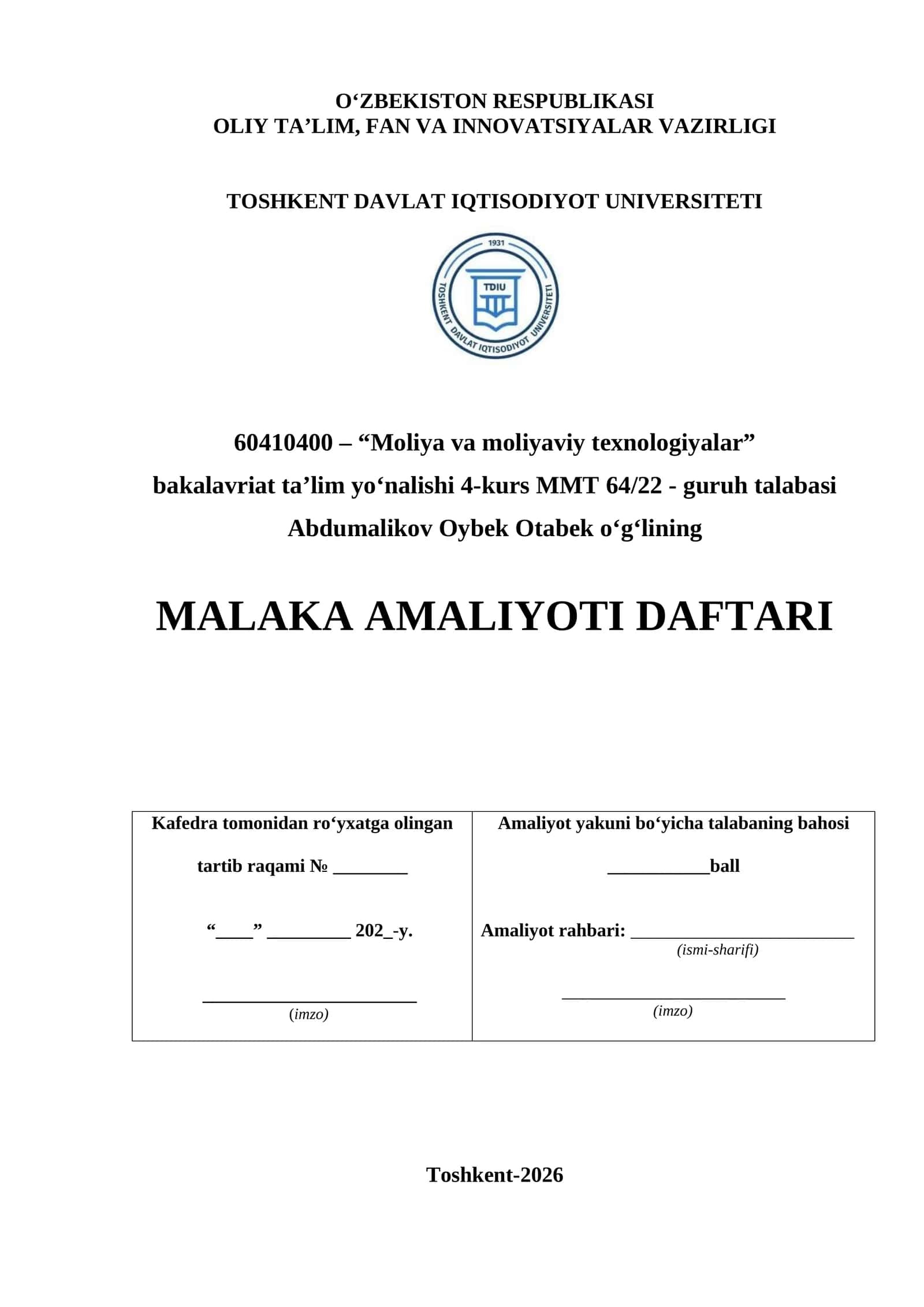 MALAKA AMALIYOTI DAFTARI 1