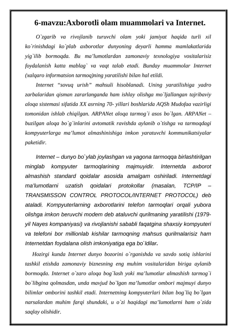 Axborotli olam muammolari va Internet 1