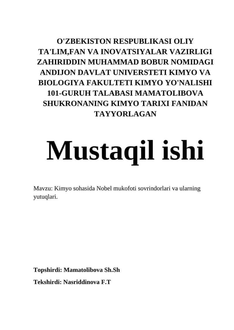 Kimyo sohasida Nobel mukofoti sovrindorlari va ularning yutuqlari 1