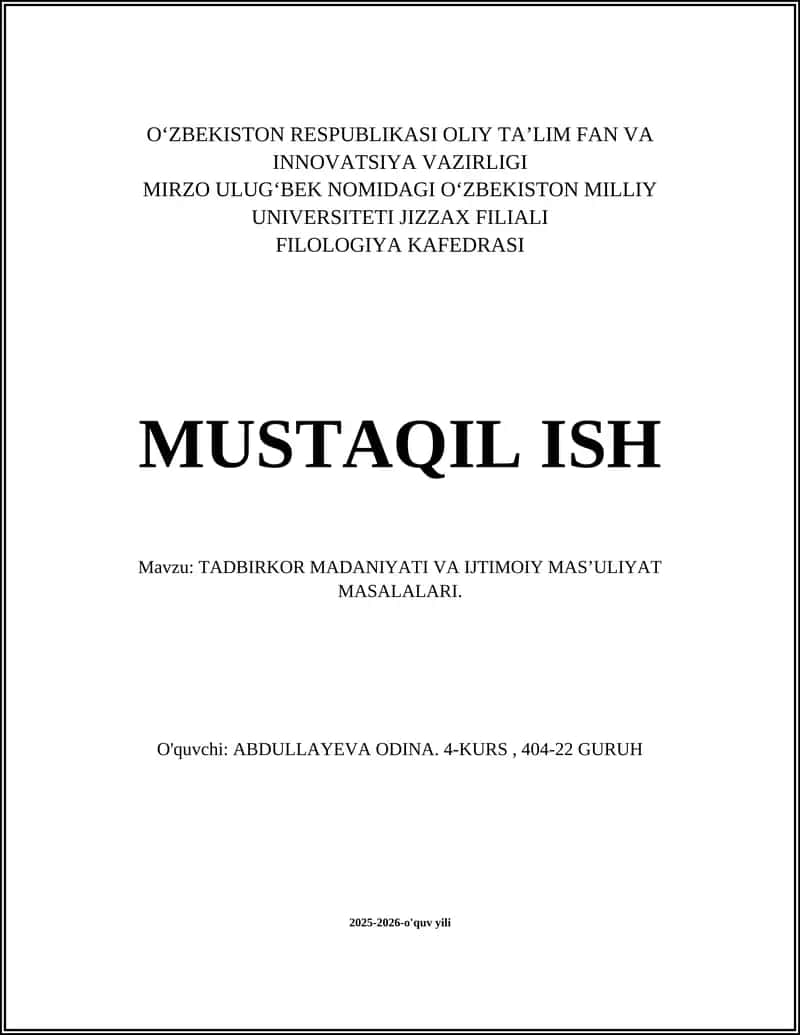 TADBIRKOR MADANIYATI VA IJTIMOIY MAS’ULIYAT MASALALARI 1