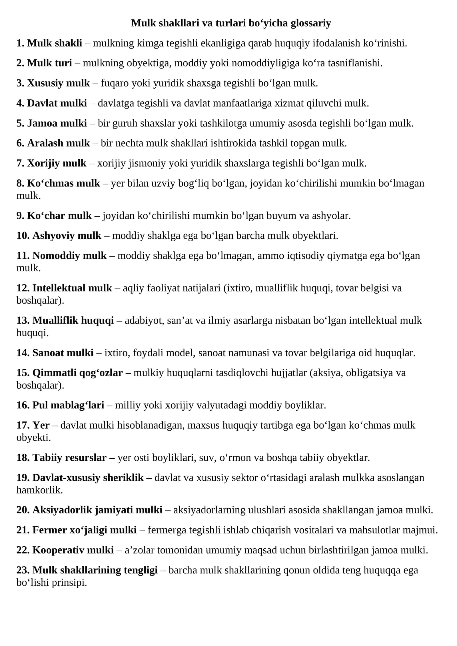 Mulk shakllari va turlari bo‘yicha glossariy 1