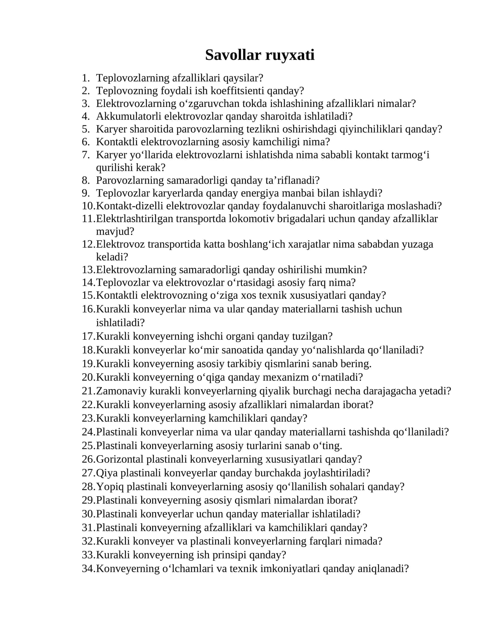 Savollar ruyxati 1