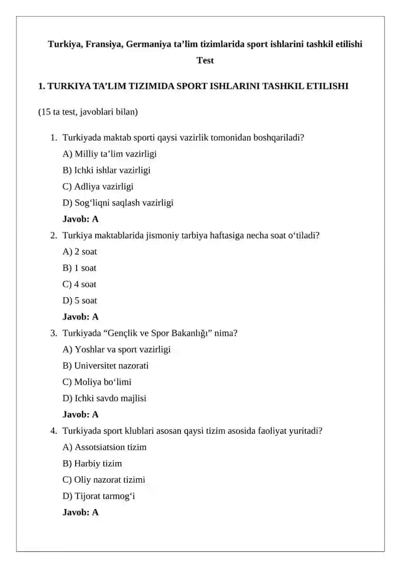 Turkiya, Fransiya, Germaniya ta’lim tizimlarida sport ishlarini tashkil etilishi
