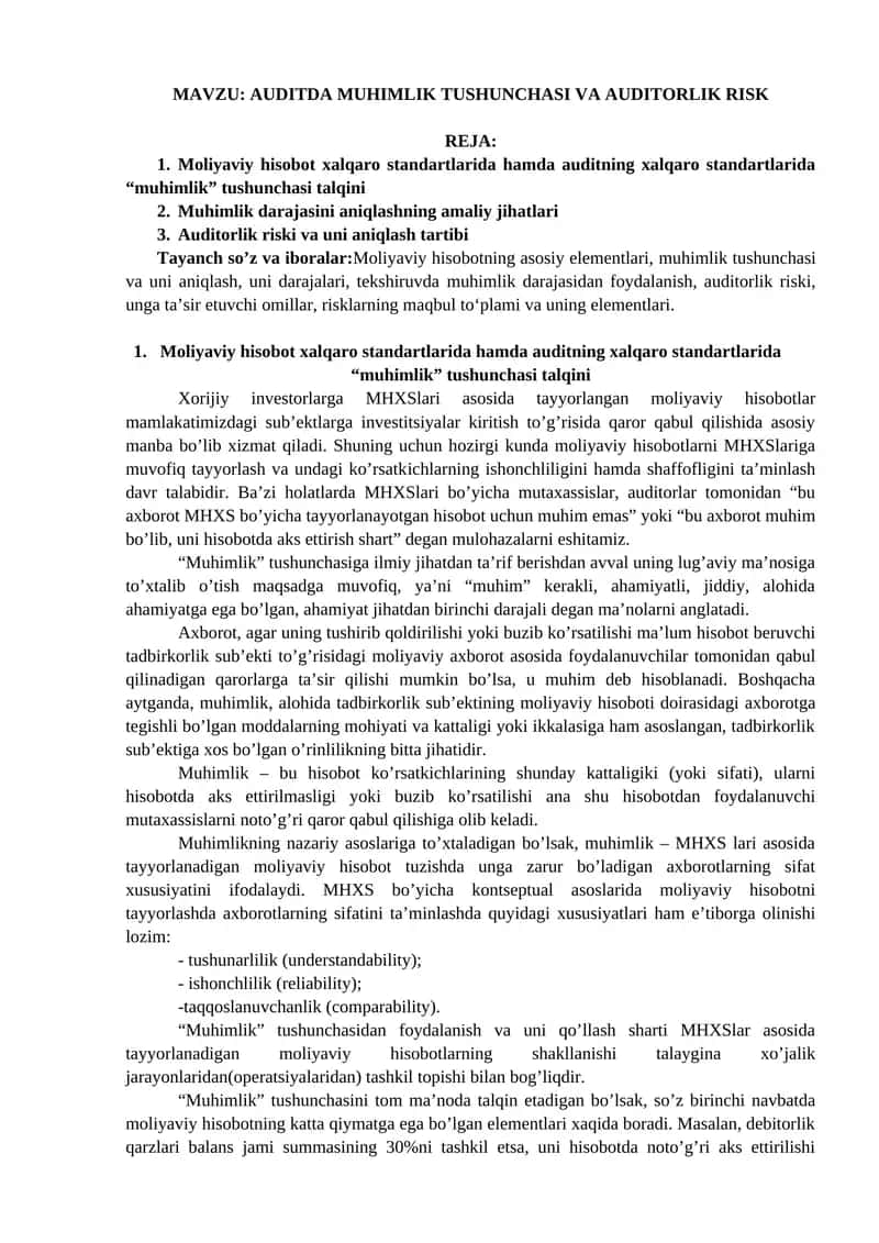 AUDITDA MUHIMLIK TUSHUNCHASI VA AUDITORLIK RISK 1