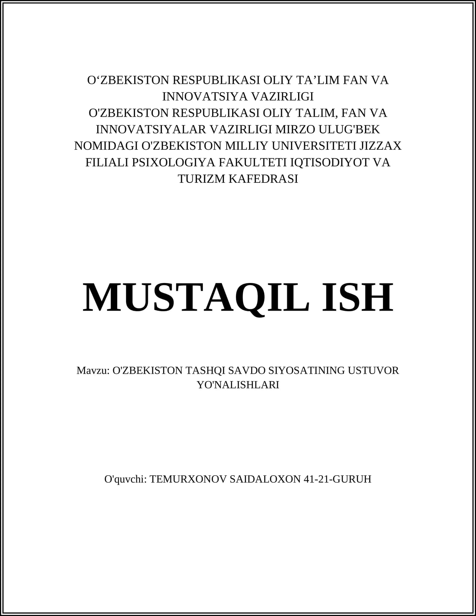 O'ZBEKISTON TASHQI SAVDO SIYOSATINING USTUVOR YO'NALISHLARI 1