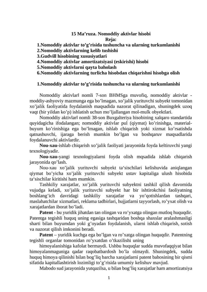 Nomoddiy aktivlar hisobi 1